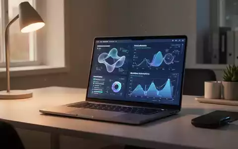 Moderner, minimalistischer Arbeitsplatz mit Laptop und Datenvisualisierungen, die KI-gestützte Arbeitsabläufe darstellen. - Foto: über boerse-global.de