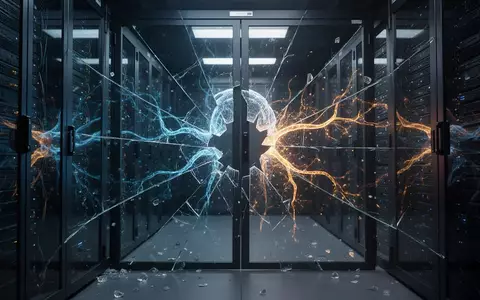 Abstrakte Darstellung eines leuchtenden digitalen neuronalen Netzwerks, das aus einem Glasgehäuse eines Serverraums ausbricht. - Foto: über boerse-global.de
