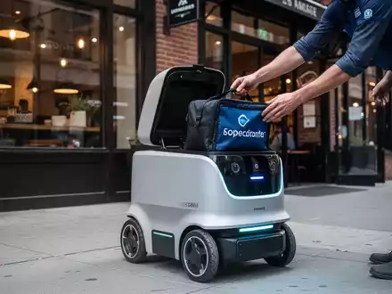 Ein Mitarbeiter legt eine Liefertasche in einen autonomen Lieferroboter auf einem Bürgersteig. - Foto: über boerse-global.de