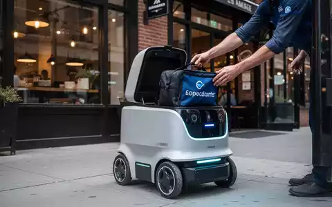 Ein Mitarbeiter legt eine Liefertasche in einen autonomen Lieferroboter auf einem Bürgersteig. - Foto: über boerse-global.de