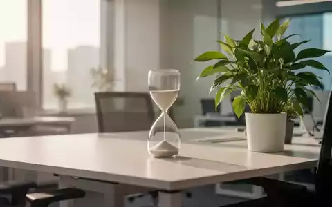 Ein minimalistischer, heller Büroarbeitsplatz mit einer Sanduhr und einer Pflanze, der eine ruhige und gesunde Arbeitsumgebung symbolisiert. - Foto: über boerse-global.de