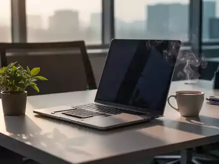 Ein aufgeräumter Schreibtisch mit Laptop und Kaffeetasse in einem modernen Büro bei sanftem Morgenlicht. - Foto: über boerse-global.de