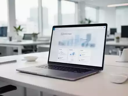 Moderner Büroarbeitsplatz mit Laptop in einer hellen, professionellen Umgebung. - Foto: über boerse-global.de