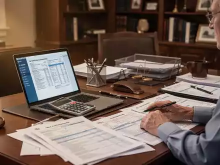 Ein Rentner plant seine Finanzen am Schreibtisch mit Dokumenten und Laptop, symbolisiert steuerliche Planung im Alter. - Foto: ĂŒber boerse-global.de