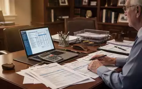 Ein Rentner plant seine Finanzen am Schreibtisch mit Dokumenten und Laptop, symbolisiert steuerliche Planung im Alter. - Foto: über boerse-global.de