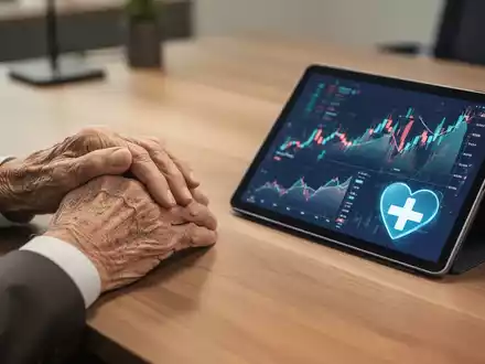 Hände einer älteren Person auf einem Schreibtisch neben einem Tablet mit Finanzgrafiken und einem medizinischen Symbol. - Foto: über boerse-global.de