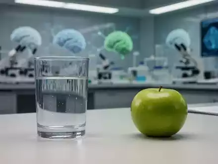Ein minimalistischer Schreibtisch mit einem Apfel und einem Glas Wasser vor einem verschwommenen Laborhintergrund. - Foto: über boerse-global.de