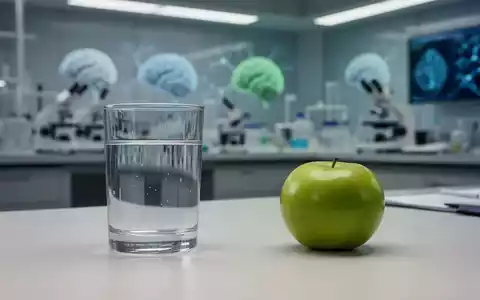 Ein minimalistischer Schreibtisch mit einem Apfel und einem Glas Wasser vor einem verschwommenen Laborhintergrund. - Foto: über boerse-global.de