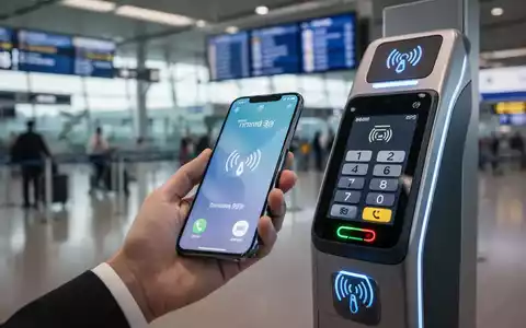 Ein Smartphone wird an ein kontaktloses Bezahlterminal gehalten, während eine Person im Hintergrund durch einen Flughafen geht. - Foto: über boerse-global.de