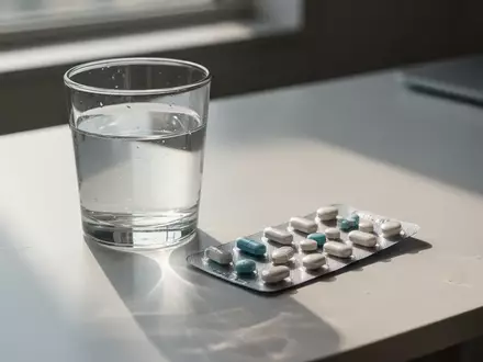 Eine Blisterpackung mit Medikamenten neben einem Glas Wasser bei hellem Sonnenlicht auf einem Schreibtisch. - Foto: über boerse-global.de