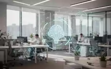 Ein modernes, helles Büro mit einer digitalen Schnittstelle, die künstliche Intelligenz im Arbeitskontext symbolisiert. - Foto: über boerse-global.de