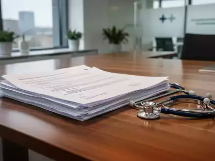 Stethoskop und Gesetzestexte auf einem Schreibtisch als Symbol für die GKV-Reform und Einsparungen im Gesundheitswesen. - Foto: über boerse-global.de