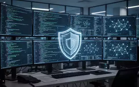 Hochmodernes Cybersicherheits-Kontrollzentrum mit digitalen Sicherheitsanzeigen und Netzwerküberwachungsbildschirmen. - Foto: über boerse-global.de
