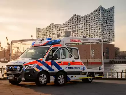 Ein Rettungswagen des ASB vor der Kulisse des Hamburger Hafens bei Sonnenuntergang. - Foto: über boerse-global.de