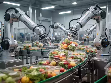 Autonome Roboterarme in einer modernen Lebensmittelproduktionsanlage bei der präzisen Verpackung von Waren. - Foto: über boerse-global.de