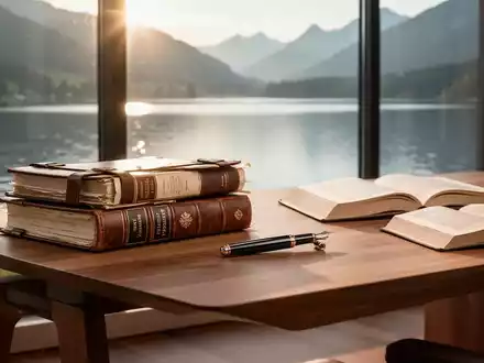 Ein moderner Schreibtisch mit politischen Dokumenten und einem Buch vor einem Fenster mit Blick auf den Tegernsee. - Foto: über boerse-global.de
