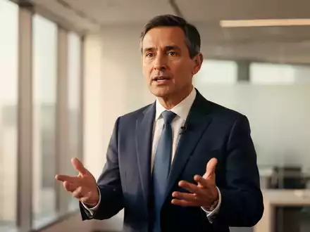 Selbstbewusste FĂŒhrungspersönlichkeit in einem modernen BĂŒro, die ihre Vision mit einer offenen und charismatischen Geste vermittelt. - Foto: ĂŒber boerse-global.de