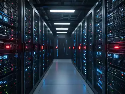 Ein dunkler Serverraum mit leuchtenden Datenkabeln und Server-Racks, der die Thematik eines Cyberangriffs visualisiert. - Foto: ĂĽber boerse-global.de