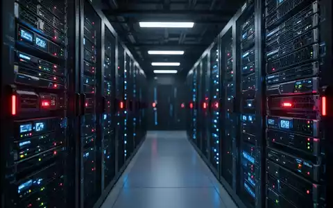Ein dunkler Serverraum mit leuchtenden Datenkabeln und Server-Racks, der die Thematik eines Cyberangriffs visualisiert. - Foto: über boerse-global.de