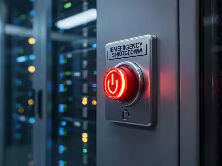 Ein leuchtender Not-Aus-Schalter in einem High-Tech-Serverraum, der staatliche Regulierung künstlicher Intelligenz symbolisiert. - Foto: über boerse-global.de