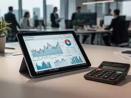 Digitales Tablet mit Finanzdiagrammen und ein Taschenrechner auf einem modernen Schreibtisch. - Foto: über boerse-global.de