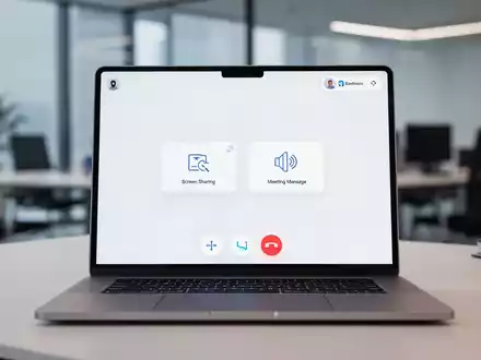 Nahaufnahme eines modernen Laptop-Bildschirms mit einer eleganten Videokonferenz-Oberfläche und klar angeordneten Meeting-Steuerelementen. - Foto: über boerse-global.de
