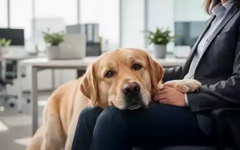 Ein ruhiger Therapiehund liegt entspannt bei einer Person in einem hellen Büro, symbolisch für Stressbewältigung. - Foto: über boerse-global.de
