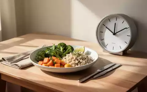 Ein gesundes Gericht auf einem Holztisch neben einer minimalistischen Uhr als Symbol für Intervallfasten. - Foto: über boerse-global.de