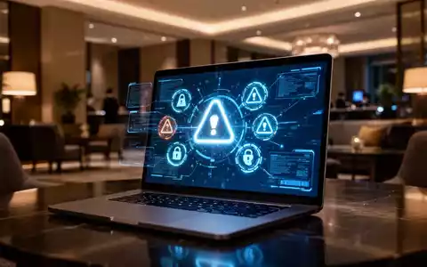 Laptop in einem Hotelzimmer mit digitalen Sicherheitssymbolen auf dem Bildschirm, die auf eine Cyber-Bedrohung hinweisen. - Foto: über boerse-global.de