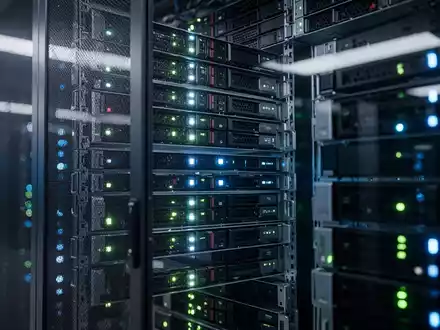 Nahaufnahme eines modernen Server-Racks in einem Rechenzentrum mit leuchtenden Status-LEDs. - Foto: über boerse-global.de