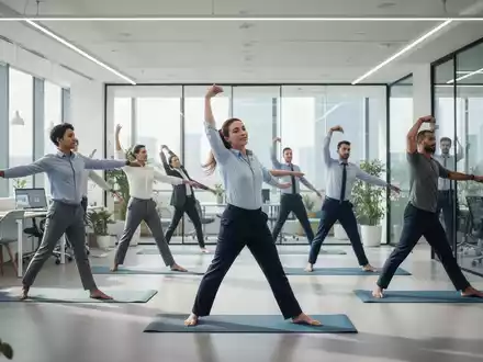 Mitarbeiter in einem modernen Büro bei einer aktiven Pause zur Gesundheitsförderung. - Foto: über boerse-global.de