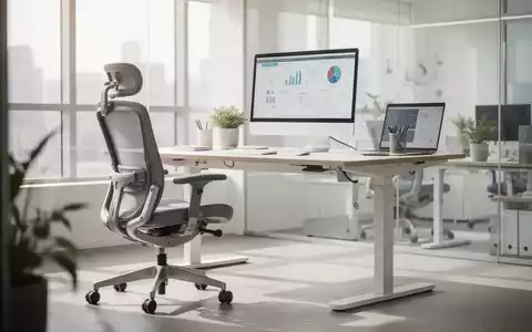 Moderner, ergonomischer Büroarbeitsplatz mit höhenverstellbarem Schreibtisch und Bürostuhl in einem hellen Raum. - Foto: über boerse-global.de