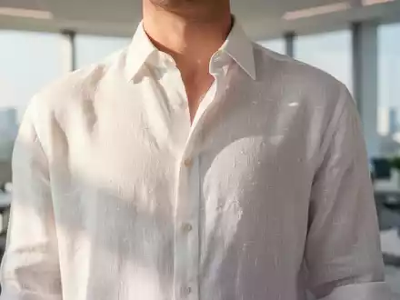 Person in einem hochwertigen weißen Leinenhemd in einem modernen, hellen Büro bei sommerlichem Sonnenlicht. - Foto: über boerse-global.de