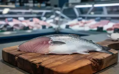 Frisches Fischfilet auf einem Holzbrett vor einem verschwommenen Hintergrund einer Fischtheke im Supermarkt. - Foto: über boerse-global.de