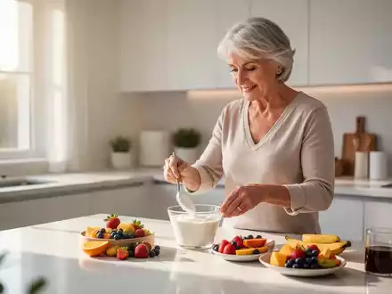 Eine Person über 50 bereitet in einer hellen, modernen Küche ein gesundes Frühstück mit Joghurt und frischem Obst zu. - Foto: über boerse-global.de