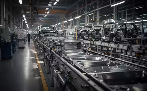 Moderne, leicht unscharfe Produktionshalle in einem deutschen Automobilwerk mit industriellen Fertigungsanlagen. - Foto: über boerse-global.de
