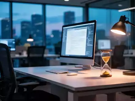 Ein leerer Büroarbeitsplatz mit einer Sanduhr auf dem Schreibtisch als Symbol für Arbeitszeit und fehlende Ruhepausen. - Foto: über boerse-global.de