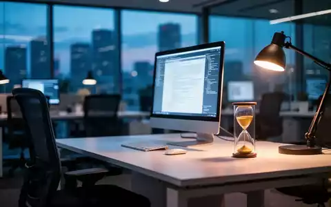 Ein leerer Büroarbeitsplatz mit einer Sanduhr auf dem Schreibtisch als Symbol für Arbeitszeit und fehlende Ruhepausen. - Foto: über boerse-global.de