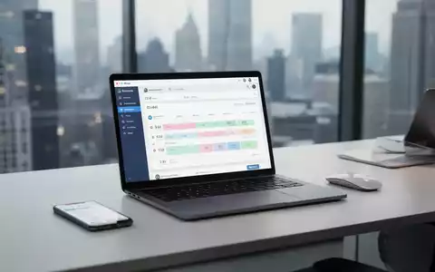 Moderner Büroarbeitsplatz mit Laptop und digitaler Zeiterfassungssoftware vor verschwommener Stadtkulisse. - Foto: über boerse-global.de