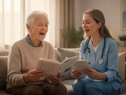 Eine ältere Person und eine Therapeutin singen gemeinsam in einem hellen Raum zur Unterstützung des Gedächtnisses. - Foto: über boerse-global.de