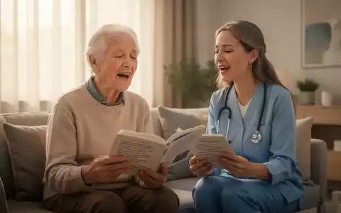 Eine ältere Person und eine Therapeutin singen gemeinsam in einem hellen Raum zur Unterstützung des Gedächtnisses. - Foto: über boerse-global.de