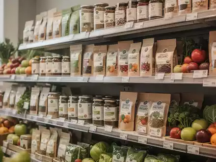Regal in einem LebensmittelgeschĂ€ft mit einer Auswahl an hochwertigen Bio-Produkten und frischem Obst und GemĂŒse. - Foto: ĂŒber boerse-global.de