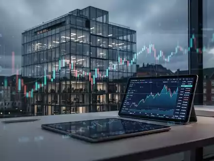 Ein modernes Bürogebäude in Kopenhagen bei bewölktem Himmel mit einem angedeuteten, fallenden Börsenchart auf einem Tablet. - Foto: über boerse-global.de