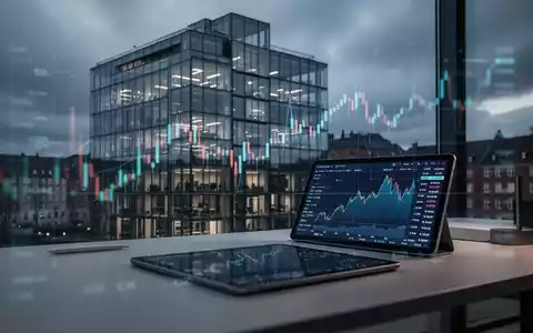 Ein modernes Bürogebäude in Kopenhagen bei bewölktem Himmel mit einem angedeuteten, fallenden Börsenchart auf einem Tablet. - Foto: über boerse-global.de