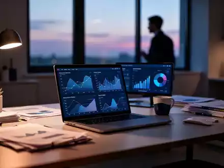Ein moderner, leicht unordentlicher Schreibtisch im Homeoffice bei Dämmerung, symbolisiert psychische Belastung am Arbeitsplatz. - Foto: über boerse-global.de