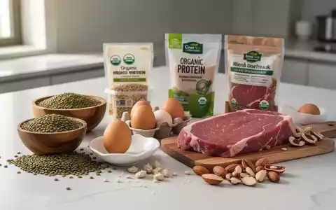 Verschiedene proteinreiche Lebensmittel wie Linsen, Eier und Nüsse auf einer modernen Küchentheke. - Foto: über boerse-global.de