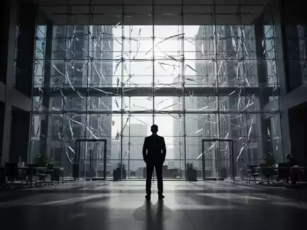 Eine einsame Führungskraft in einem modernen, schattigen Büro vor einer großen Glasfassade, die Komplexität und Selbstreflexion symbolisiert. - Foto: über boerse-global.de