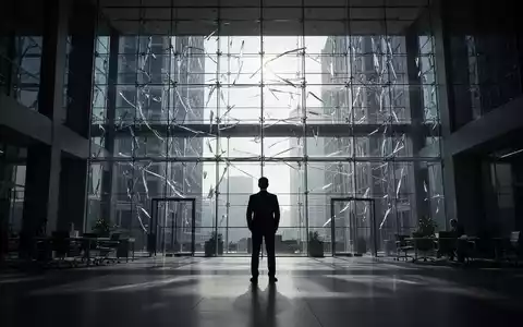 Eine einsame Führungskraft in einem modernen, schattigen Büro vor einer großen Glasfassade, die Komplexität und Selbstreflexion symbolisiert. - Foto: über boerse-global.de