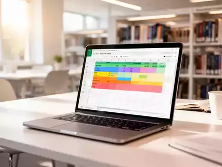 Ein Laptop mit einer geöffneten Tabellenkalkulation in einer modernen Bibliothek als Symbol für digitale Bildung. - Foto: über boerse-global.de