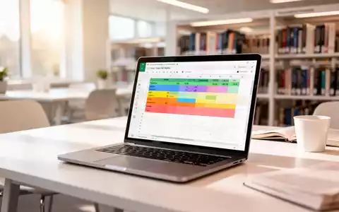 Ein Laptop mit einer geöffneten Tabellenkalkulation in einer modernen Bibliothek als Symbol für digitale Bildung. - Foto: über boerse-global.de